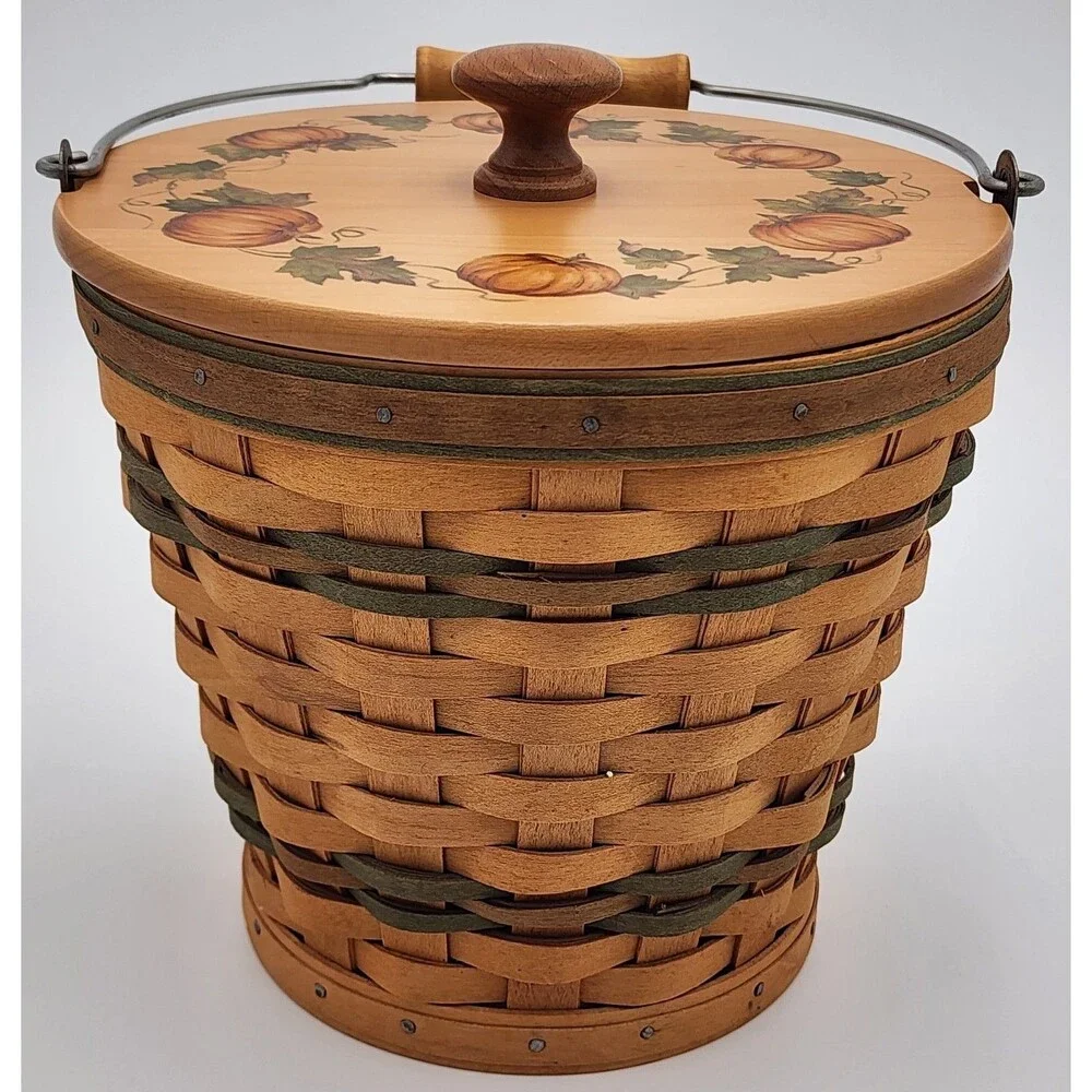 *SIGNED* '02 Longaberger Sage Autumn Round Pail Basket w/Handle, Protector & Lid